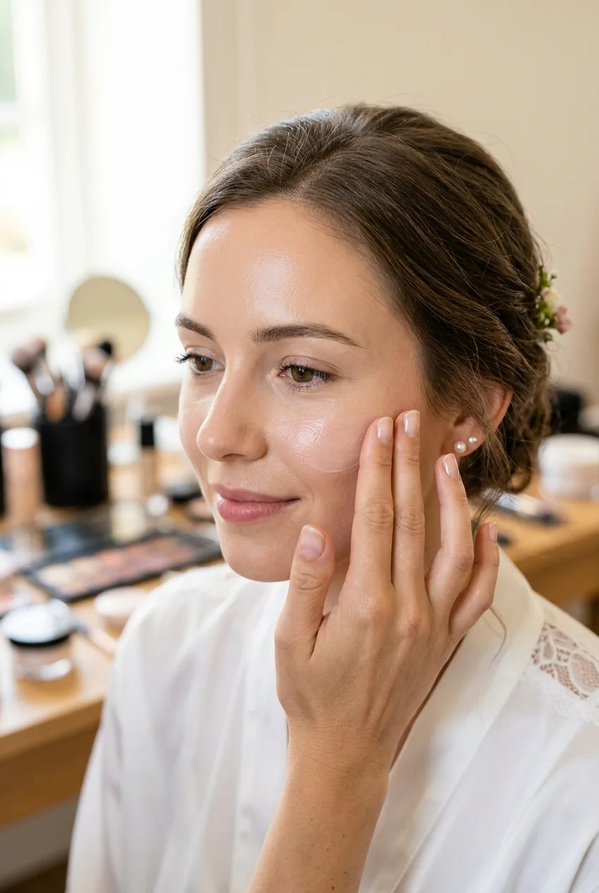 Close-up of SPF-free primer being applied to bride's face with fingertips showing smooth skin texture