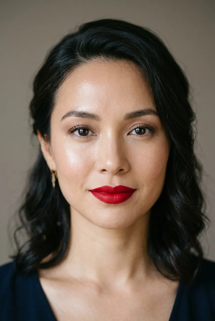 Woman with bold red statement lipstick and minimal eye makeup in classic elegant beauty portrait
