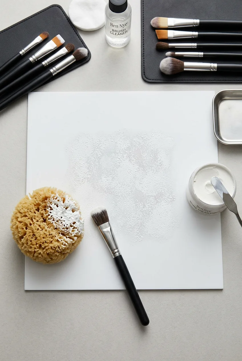 White greasepaint makeup application setup demonstrating stippling technique with brushes and sponges on clean surface