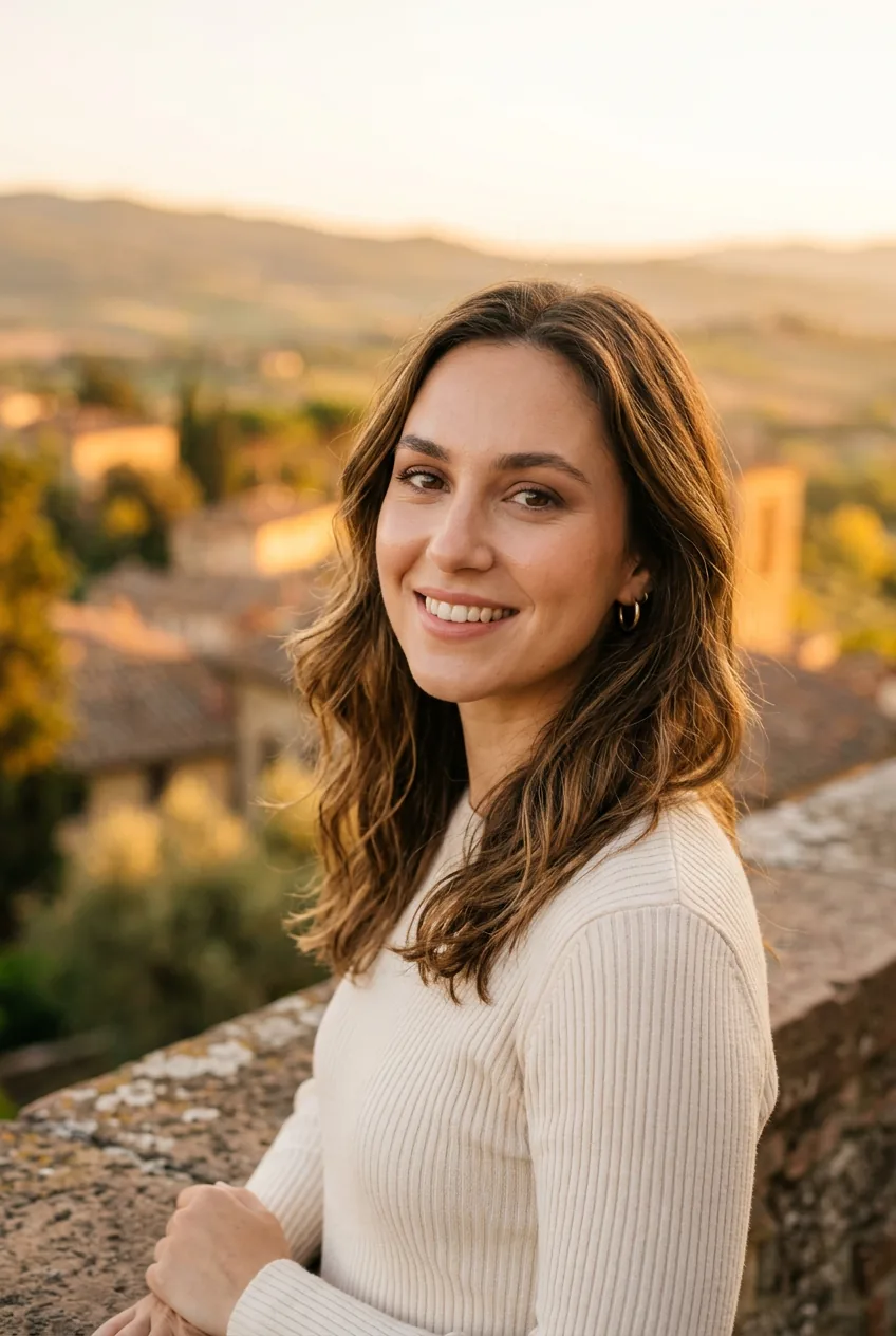 Woman wearing subtle monochrome brown eyeshadow in natural golden hour lighting