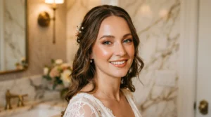Woman with glossy summer wedding makeup featuring peachy bronze tones in luxurious powder room setting