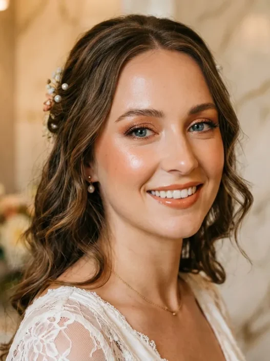 Woman with glossy summer wedding makeup featuring peachy bronze tones in luxurious powder room setting