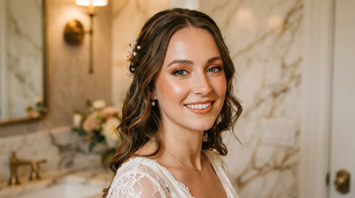 Woman with glossy summer wedding makeup featuring peachy bronze tones in luxurious powder room setting