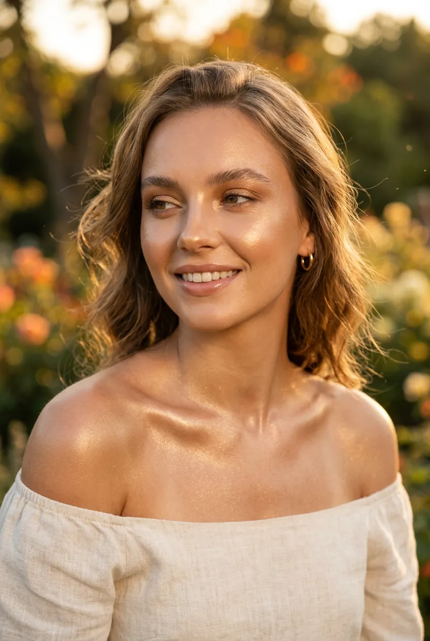 Woman with sun-drenched highlighting on face and shoulders showing all-over luminous glow