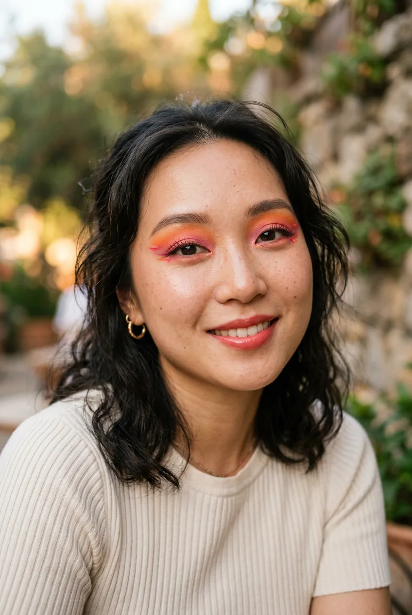 Woman displaying experimental sunset-inspired eyeshadow in orange and pink tones with artistic application