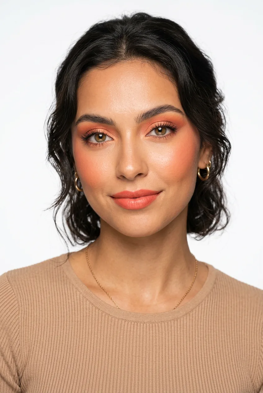 Woman displaying sunset orange makeup with coral and peach tones across face