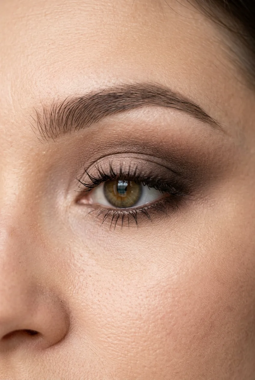 Close-up view of perfectly blended smokey eyeshadow in taupe and brown gradient tones