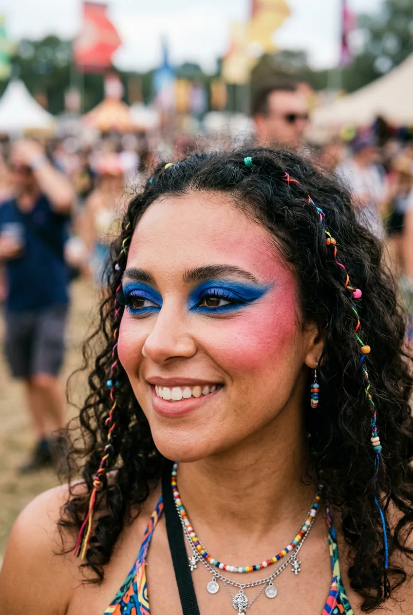 Woman with dramatic blue eyeshadow and high-placed pink blush showing theatrical color placement