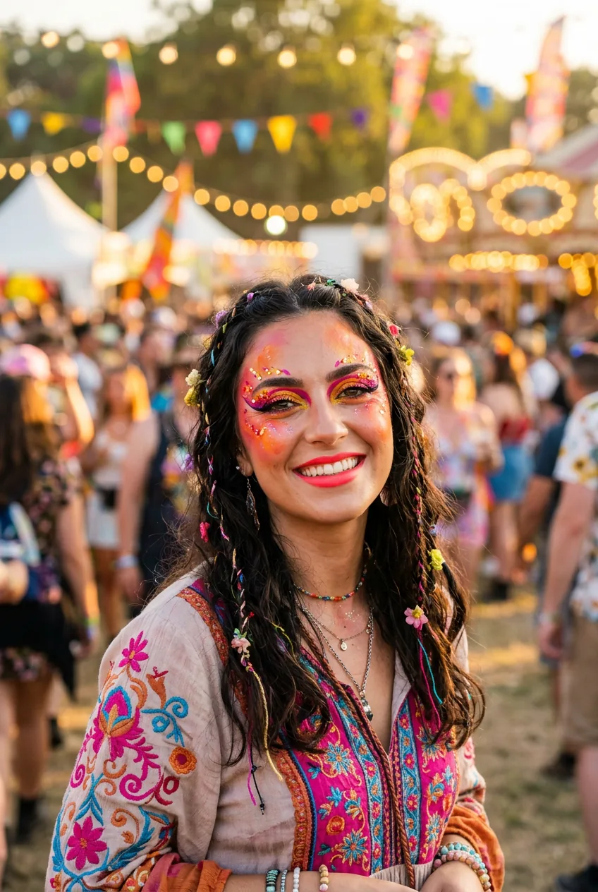 Woman with bright theatrical makeup in pink and orange tones at outdoor carnival setting