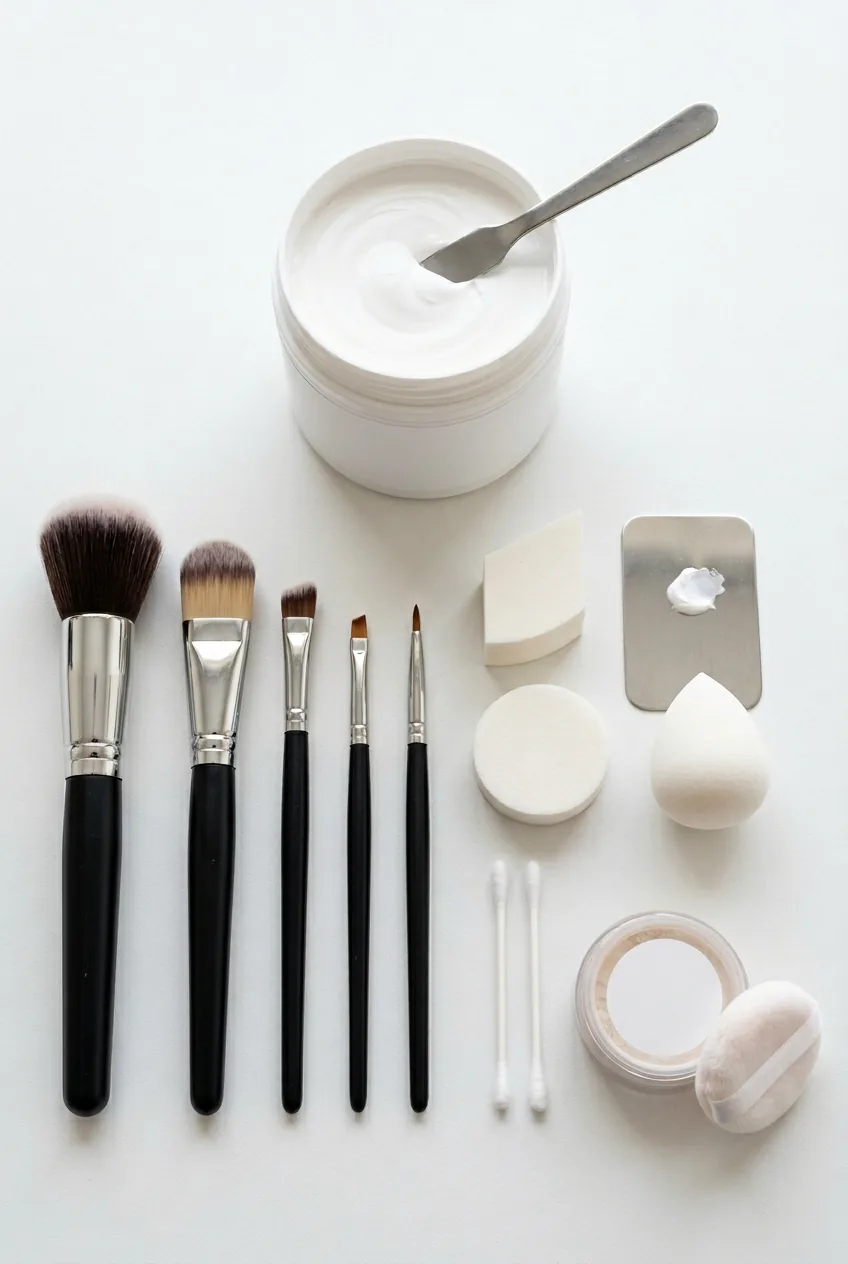 Makeup application setup with white foundation and various brushes arranged systematically for theatrical use