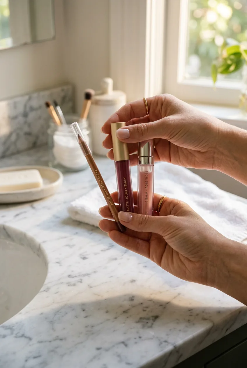 Three lip products including clear liner, berry lipstick, and gloss arranged on marble counter