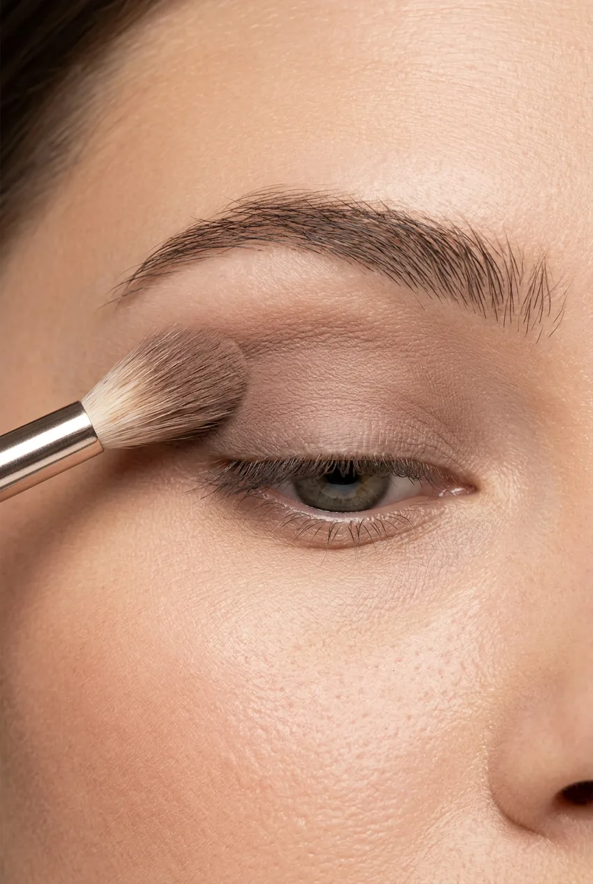 Fluffy makeup brush applying taupe transition shade in eye crease using windshield wiper blending motion