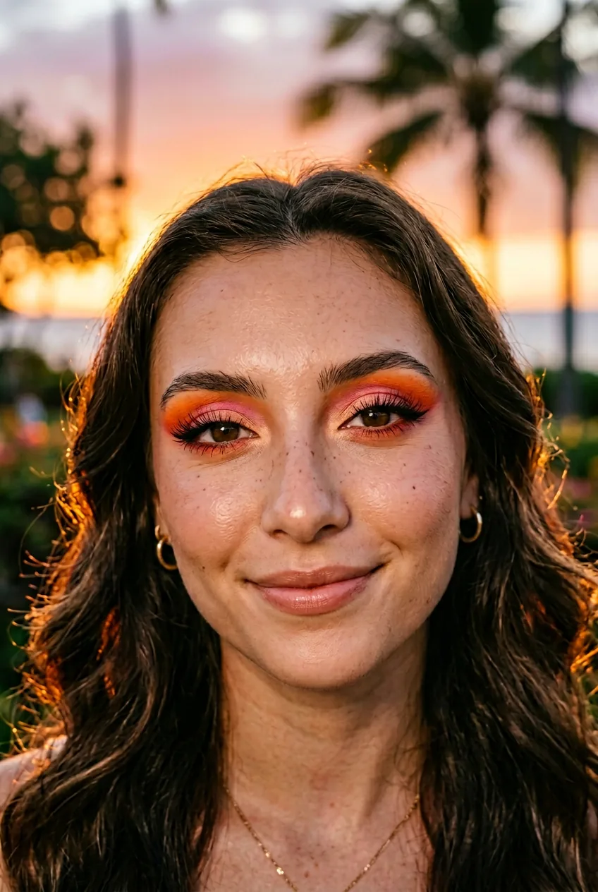 Woman with tropical sunset eye makeup showing orange-pink gradient eyeshadow in golden hour light