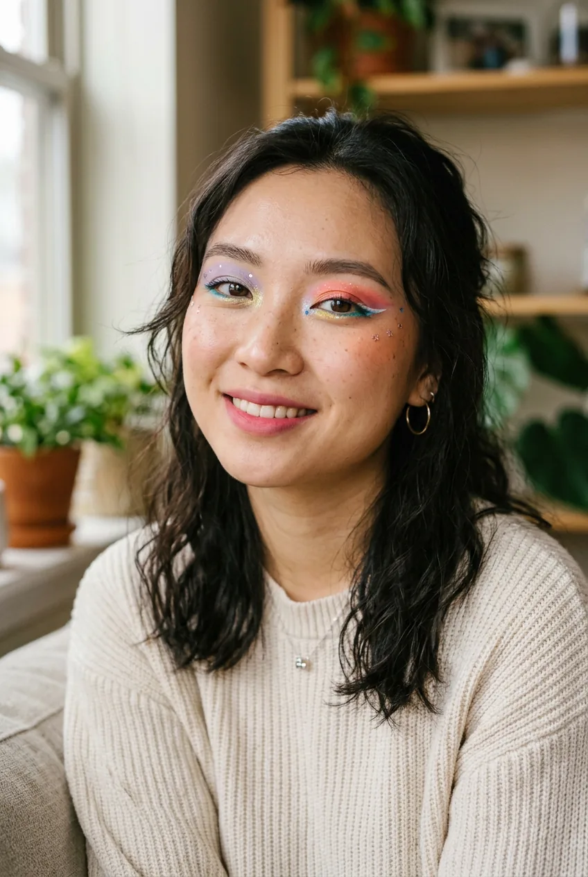 Woman wearing unconventional makeup with creative color placement and mixed textures in natural light