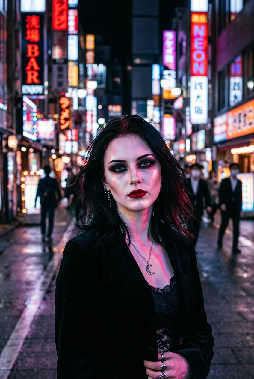 Portrait of woman with vampire-inspired gothic makeup and dark lips in colorful urban night setting