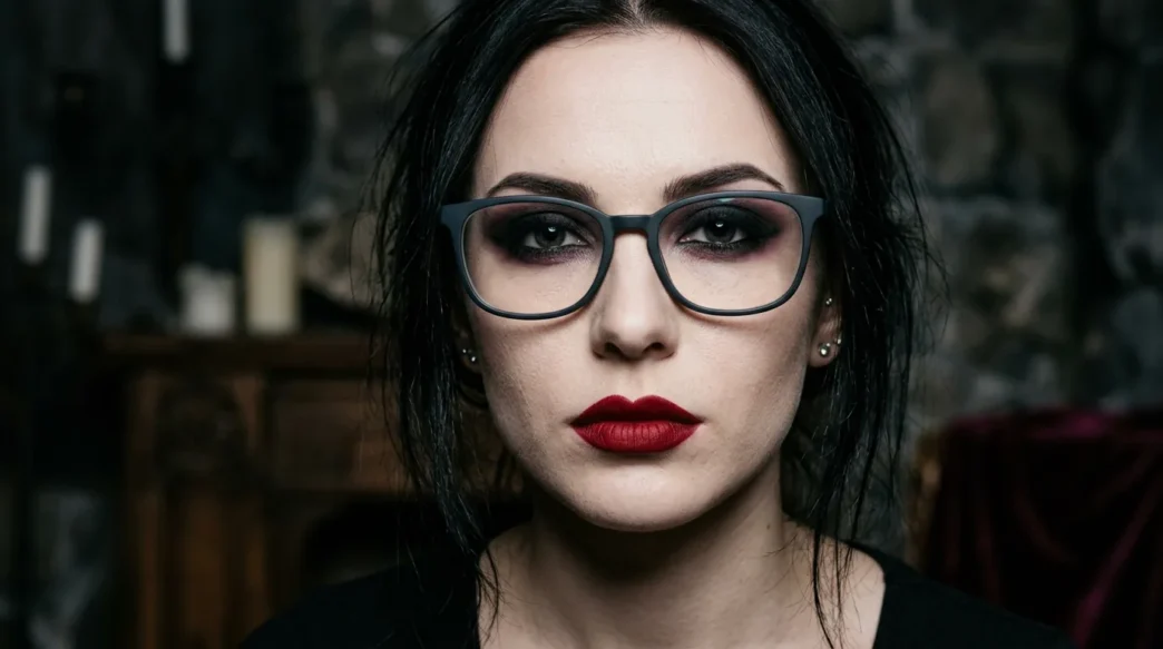 Woman wearing glasses with dramatic vampire makeup showing dark eyeshadow and deep red lips in gothic lighting