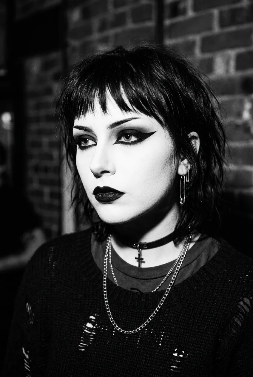 Vintage goth grunge look with stark white foundation and all-black makeup elements in high contrast