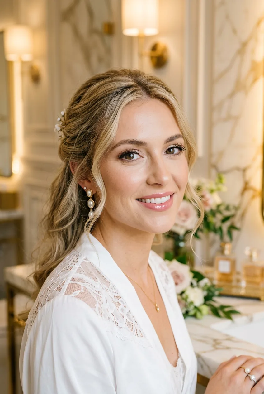 Woman with romantic summer wedding makeup featuring waterproof mascara and glossy lips