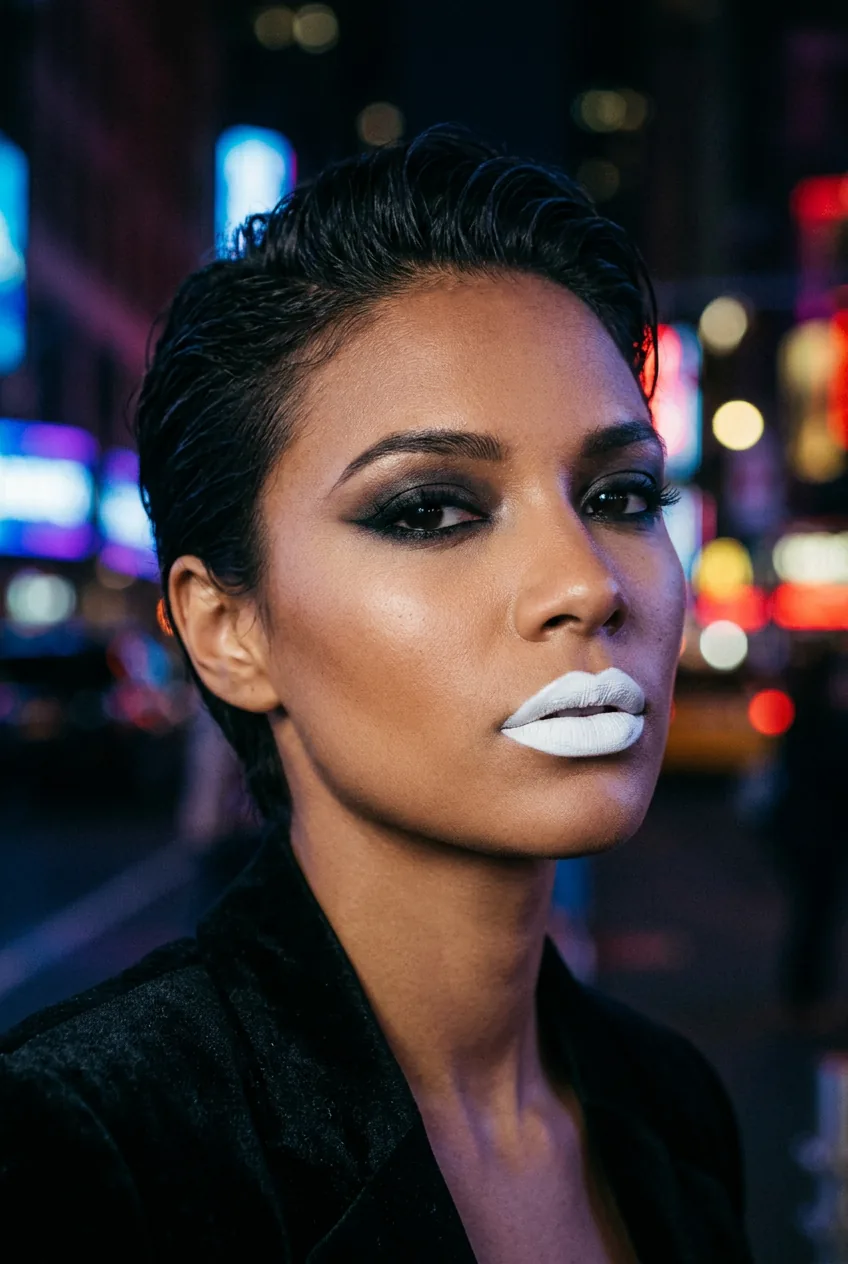 Portrait of woman wearing stark white concealer lips with editorial makeup styling