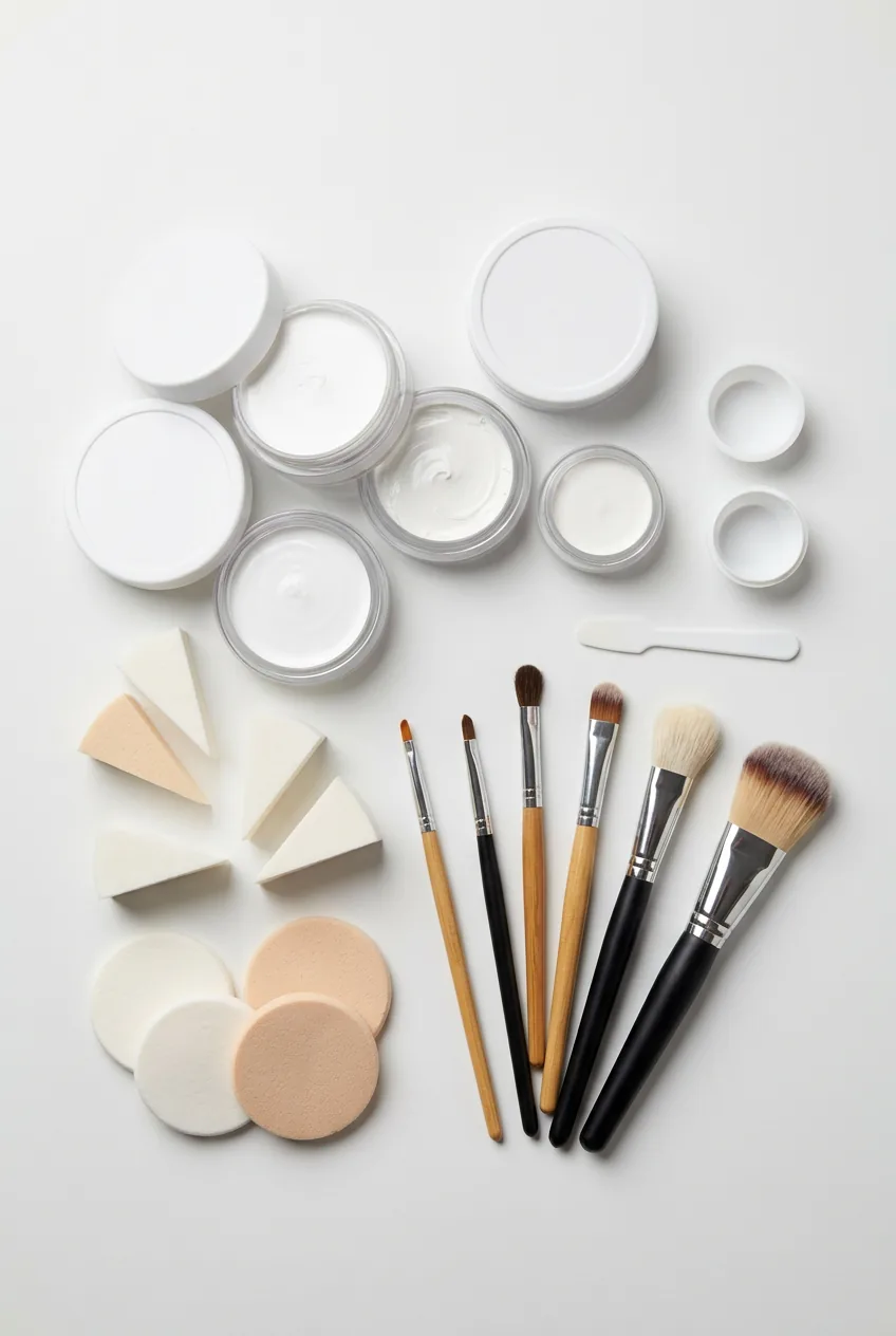 White theatrical greasepaint containers and makeup supplies organized on clean surface for clown makeup application
