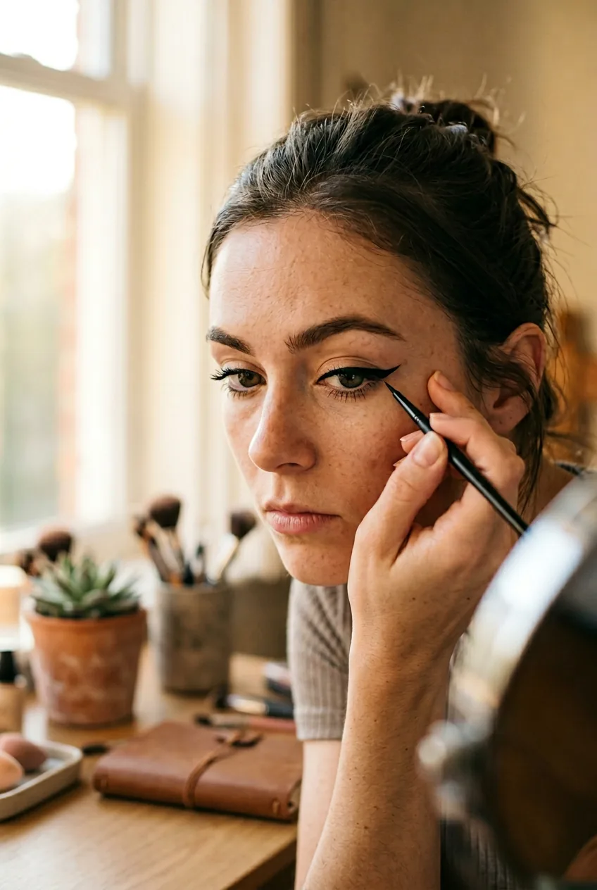Woman practicing winged eyeliner application with focused concentration near window