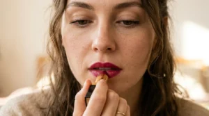 Woman applying bold lipstick by hand mid-swipe across lower lip in soft warm lighting