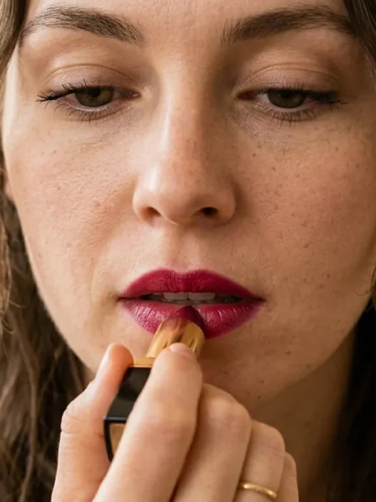 Woman applying bold lipstick by hand mid-swipe across lower lip in soft warm lighting