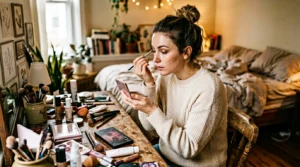 Woman applying makeup at vanity in soft morning light with products scattered authentically around her