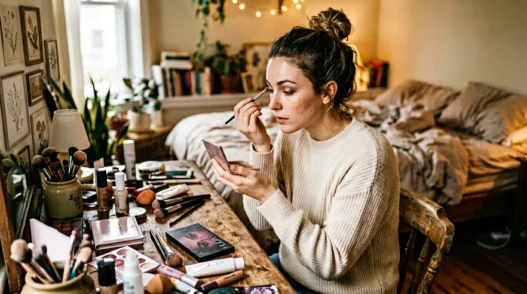 Woman applying makeup at vanity in soft morning light with products scattered authentically around her