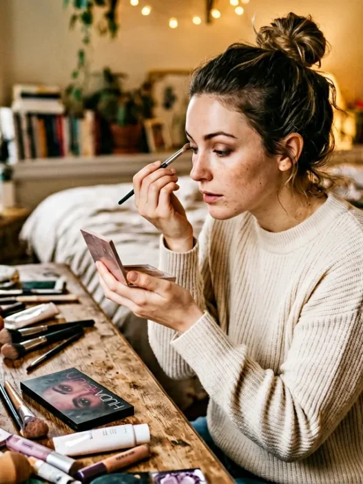 Woman applying makeup at vanity in soft morning light with products scattered authentically around her
