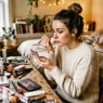 Woman applying makeup at vanity in soft morning light with products scattered authentically around her