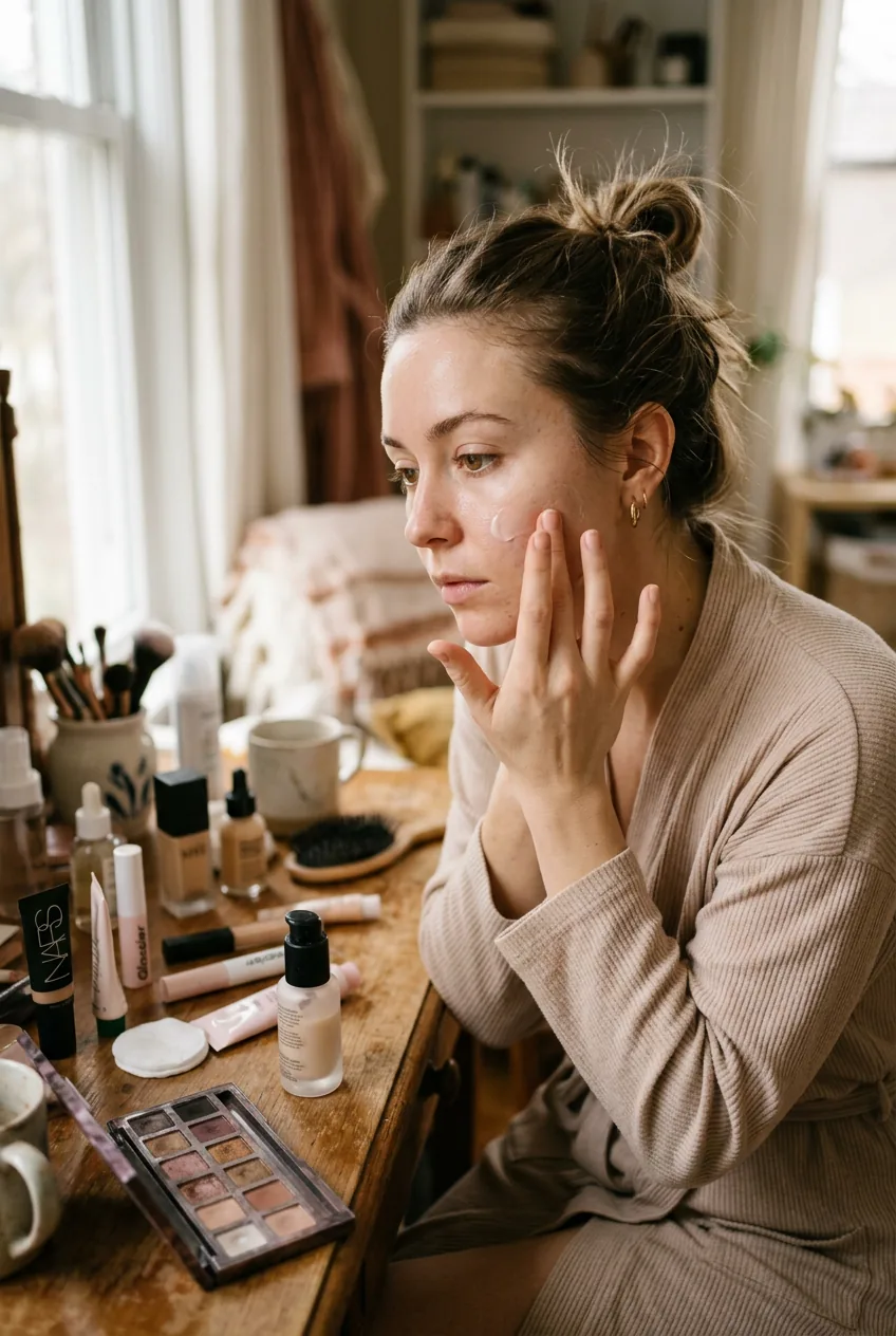 Woman applying primer to face with fingers during morning makeup routine