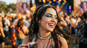 Woman with vibrant colorful makeup at outdoor festival with warm lighting and bokeh background