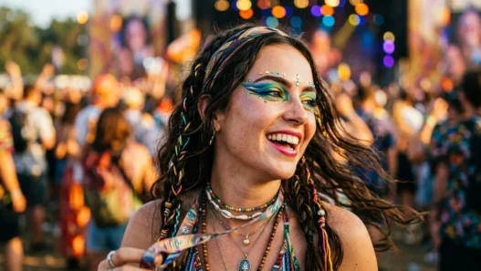 Woman with vibrant colorful makeup at outdoor festival with warm lighting and bokeh background