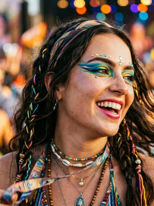 Woman with vibrant colorful makeup at outdoor festival with warm lighting and bokeh background