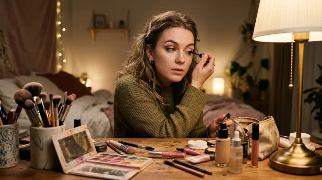 Woman at makeup table surrounded by cosmetics and brushes in warm lighting mid-makeup routine