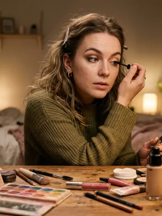 Woman at makeup table surrounded by cosmetics and brushes in warm lighting mid-makeup routine