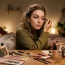 Woman at makeup table surrounded by cosmetics and brushes in warm lighting mid-makeup routine