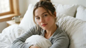 Woman with fresh natural makeup in bed with white bedding and gentle morning light