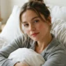 Woman with fresh natural makeup in bed with white bedding and gentle morning light