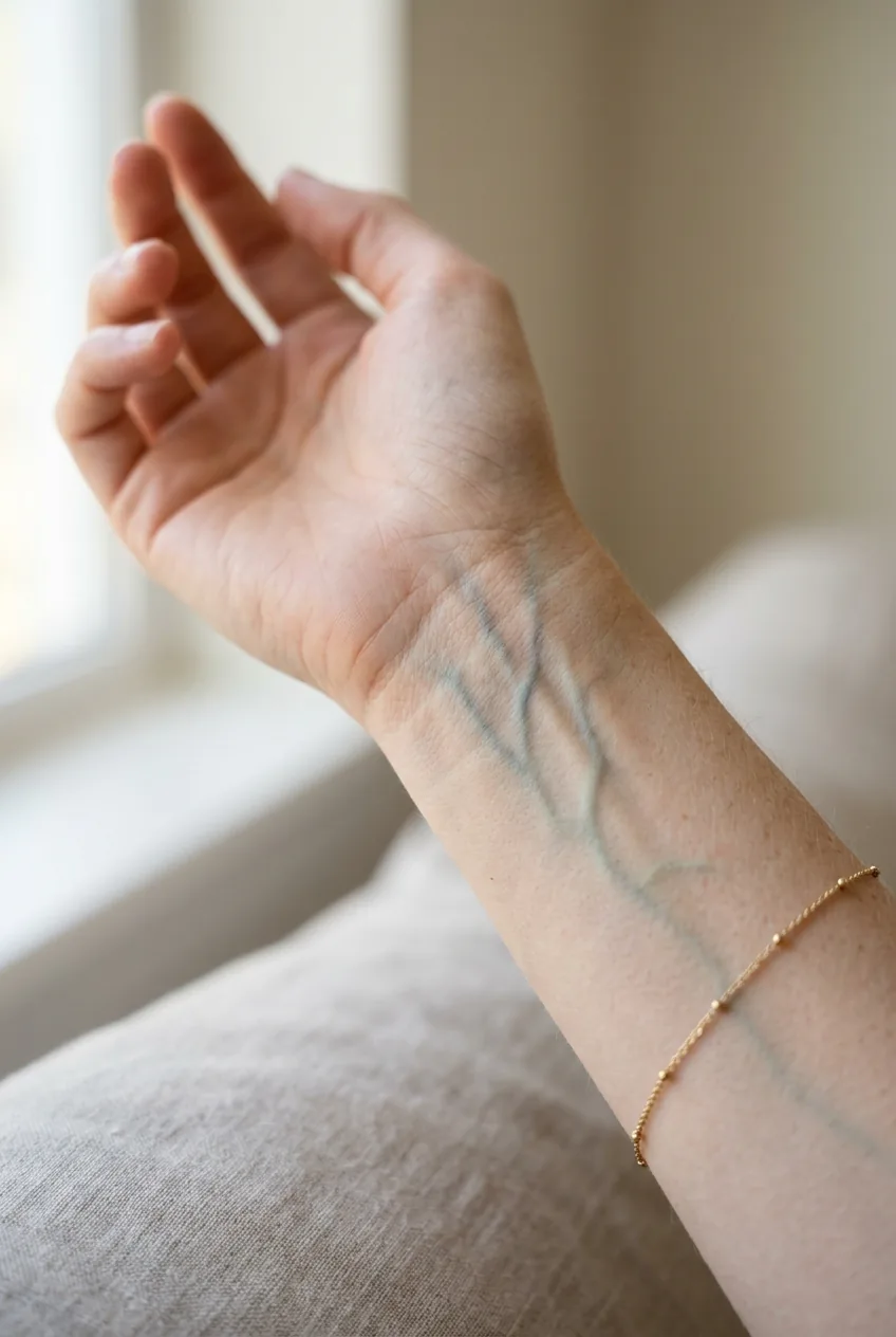 Woman's wrist in natural daylight showing blue and green veins for undertone analysis