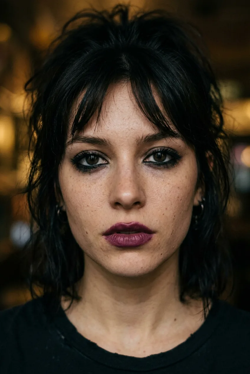Woman with dark smudged eyeliner and deep plum lip in moody 90s grunge makeup editorial portrait