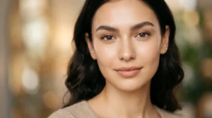 Woman with a flawless no-makeup makeup look, skin-toned lip and single coat of mascara, soft diffused light