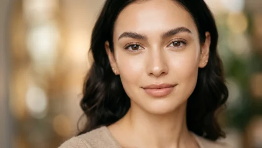 Woman with a flawless no-makeup makeup look, skin-toned lip and single coat of mascara, soft diffused light