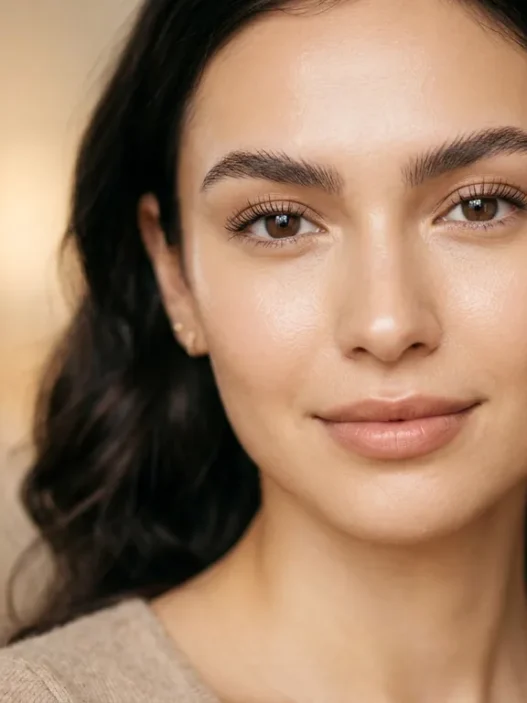 Woman with a flawless no-makeup makeup look, skin-toned lip and single coat of mascara, soft diffused light