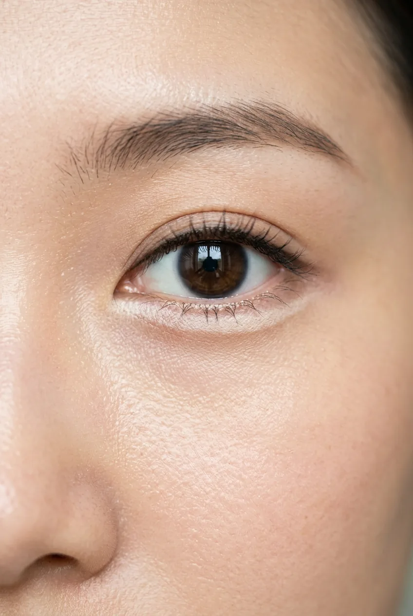 Macro close-up of lower eyelid with aegyo-sal ivory line creating under-eye fullness illusion on East Asian woman