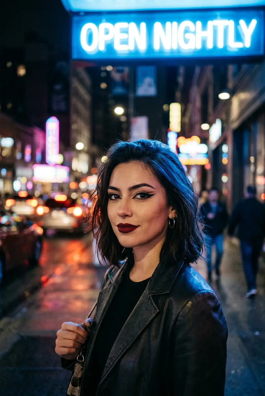 Close-up of a woman with a precise architectural liner wing and deep burgundy lip under blue neon signage at night