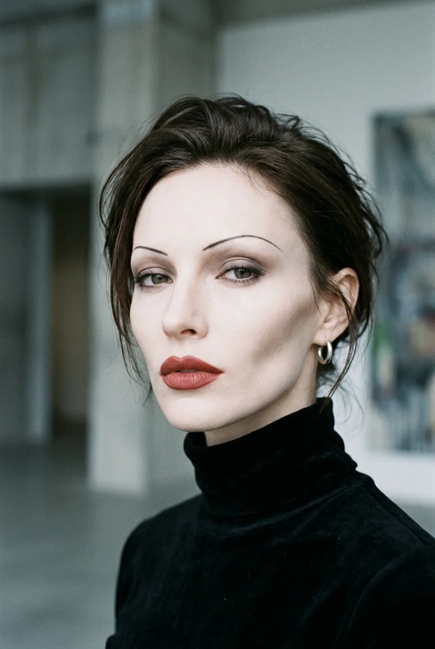 Woman with ultra-thin barely-there brows and strong lip color showing sculpted cheekbones in 90s editorial portrait