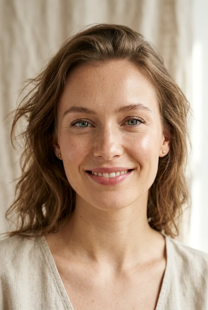 Woman with minimal tinted SPF skin finish and waterproof mascara and tinted lip balm in airy sunny light