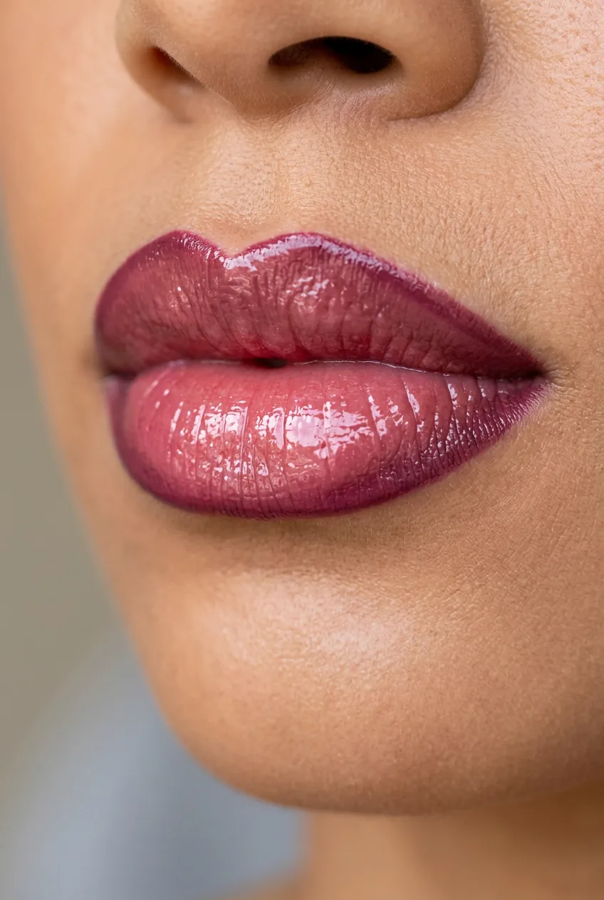 Close-up of full lips on warm skin tone showing deep berry liner base with glossy warm rose product layered on top